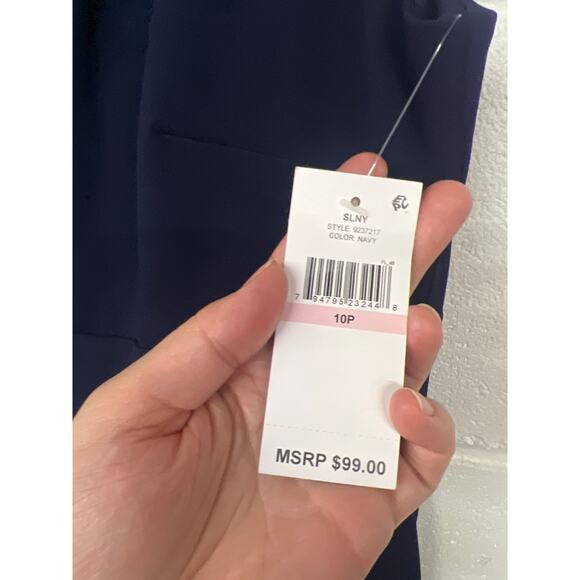 NWT SLNY Size 10P Navy Blue Slit Bow Accent Unlined Sleeveless Formal Gown Dress - Picture 4 of 7